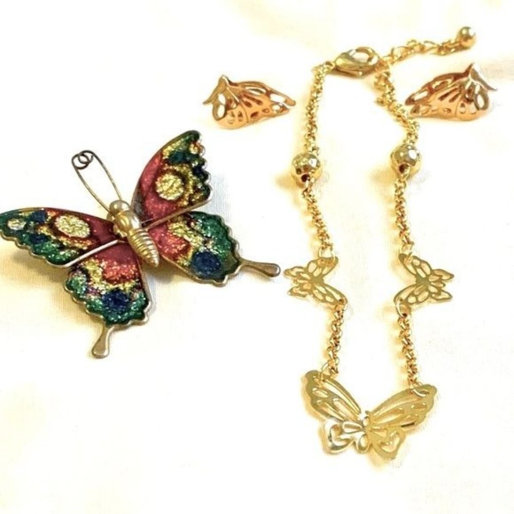 Jewelry Set Butterflies Gold-tone Enamel Brooch Earrings Necklace